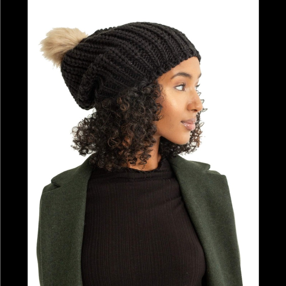 GRACE ELEYAE-Black Satin Lined Slouchy Warm Winter Slap with Pom NWT